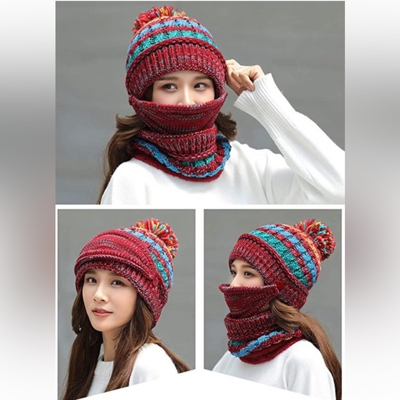 Women Winter Warm Red Hat with Face mask covering Beanie Knit Scarf Cover NEW OS - Picture 4 of 12